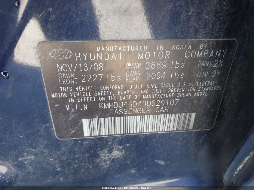 2009 Hyundai Elantra Gls VIN: KMHDU46D49U629107 Lot: 43574726