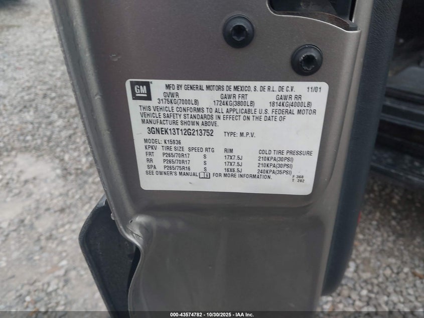 2002 Chevrolet Avalanche 1500 VIN: 3GNEK13T12G213752 Lot: 43574782