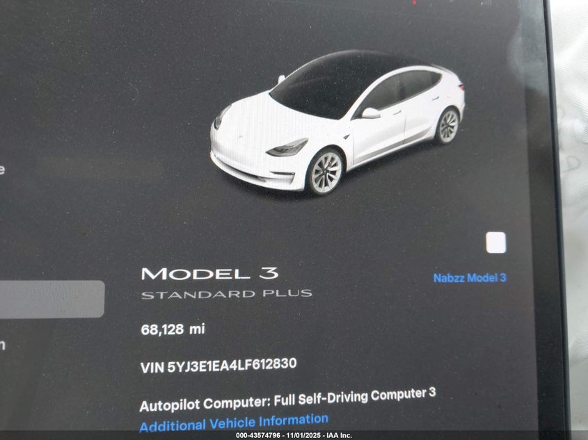 2020 Tesla Model 3 Standard Range Plus Rear-Wheel Drive/Standard Range Rear-Wheel Drive VIN: 5YJ3E1EA4LF612830 Lot: 43574796