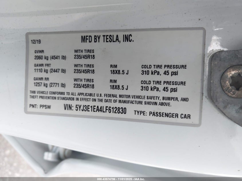 2020 Tesla Model 3 Standard Range Plus Rear-Wheel Drive/Standard Range Rear-Wheel Drive VIN: 5YJ3E1EA4LF612830 Lot: 43574796