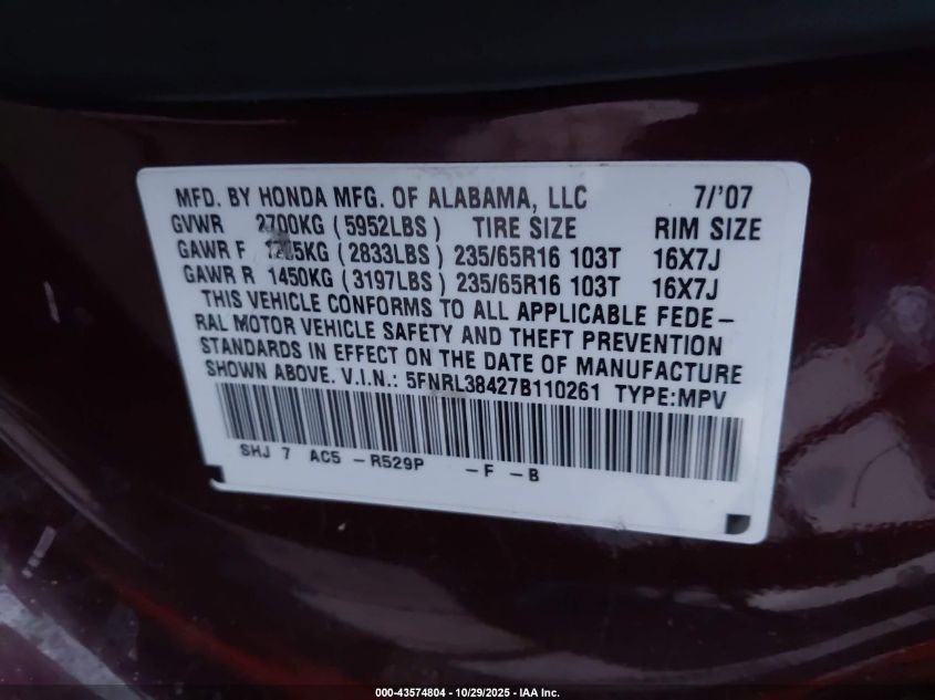 2007 Honda Odyssey Ex VIN: 5FNRL38427B110261 Lot: 43574804