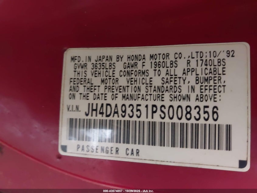 1993 Acura Integra Ls VIN: JH4DA9351PS008356 Lot: 43574857