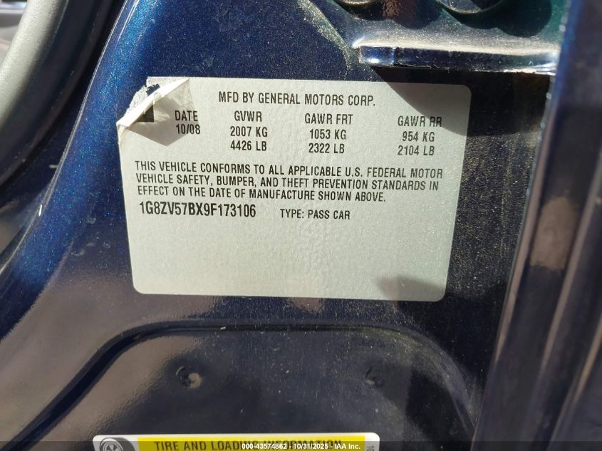 2009 Saturn Aura Xr VIN: 1G8ZV57BX9F173106 Lot: 43574862