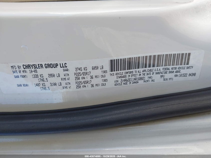 2010 Volkswagen Routan Se VIN: 2V4RW3D11AR168821 Lot: 43574895