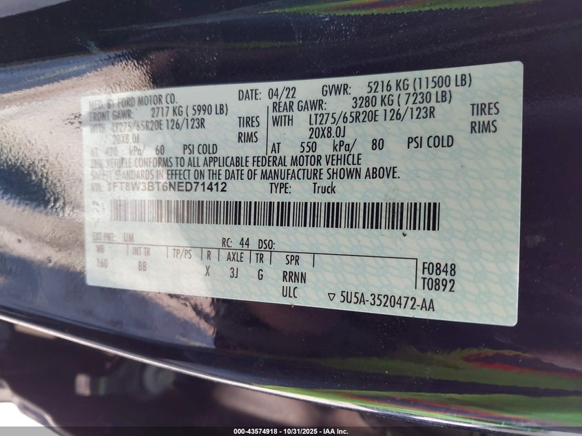 2022 Ford F-350 Platinum VIN: 1FT8W3BT6NED71412 Lot: 43574918