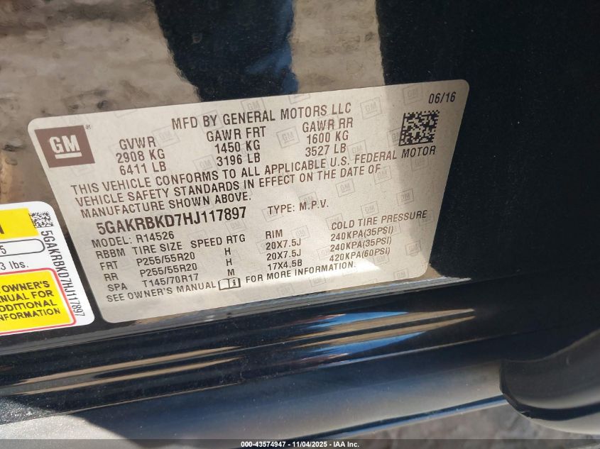 2017 Buick Enclave Leather VIN: 5GAKRBKD7HJ117897 Lot: 43574947