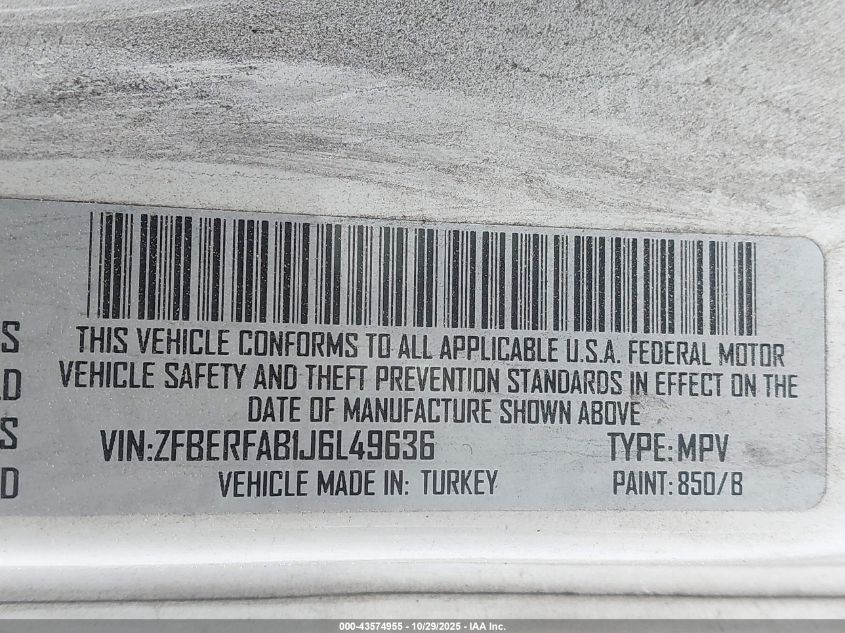 2018 Ram Promaster City Tradesman VIN: ZFBERFAB1J6L49636 Lot: 43574955