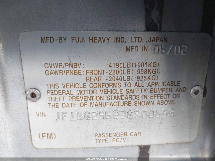 2003 Subaru Impreza Wrx VIN: JF1GG29623G800653 Lot: 43574964