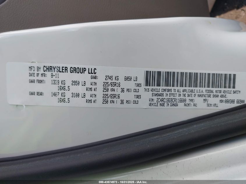 2012 Chrysler Town & Country Touring VIN: 2C4RC1BG9CR116600 Lot: 43574973