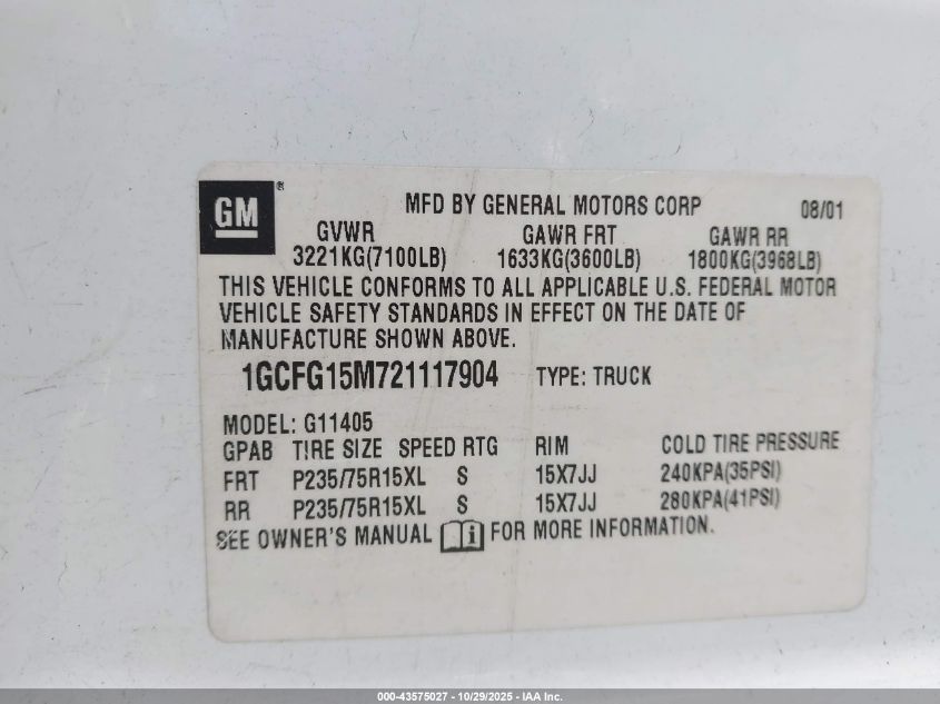 2002 Chevrolet Express VIN: 1GCFG15M721117904 Lot: 43575027