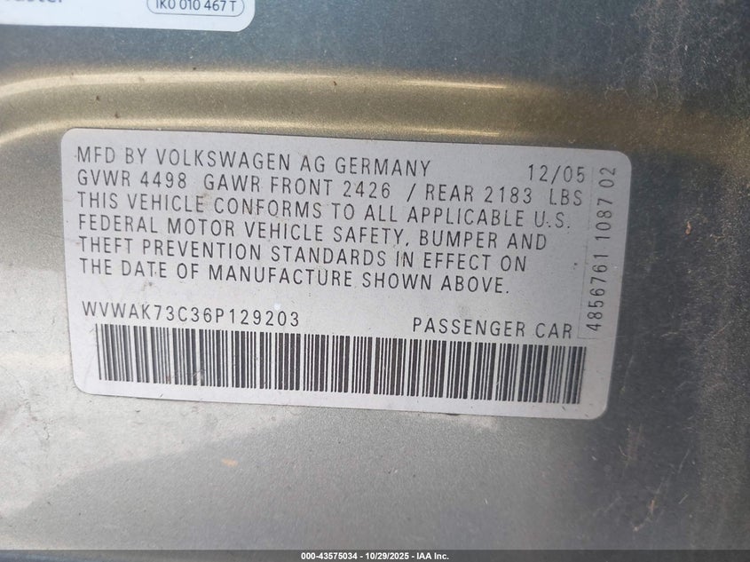 2006 Volkswagen Passat Value Edition VIN: WVWAK73C36P129203 Lot: 43575034