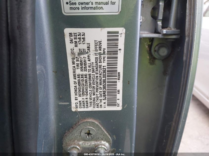 2008 Honda Cr-V Ex VIN: 5J6RE38538L003621 Lot: 43575038