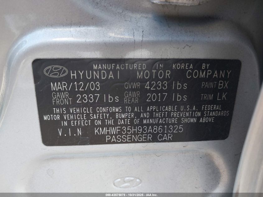 2003 Hyundai Sonata Gls/Lx VIN: KMHWF35H93A861325 Lot: 43575078