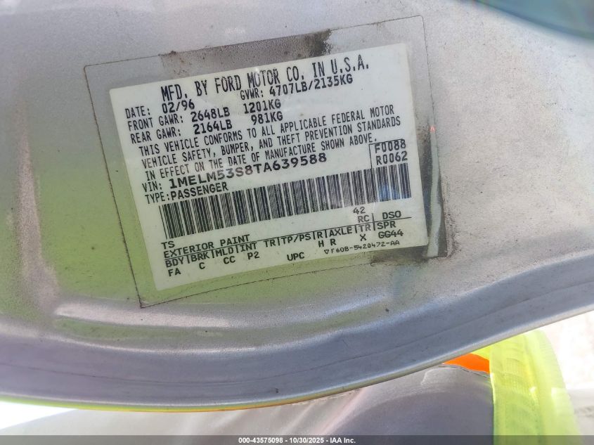 1996 Mercury Sable Ls VIN: 1MELM53S8TA639588 Lot: 43575098