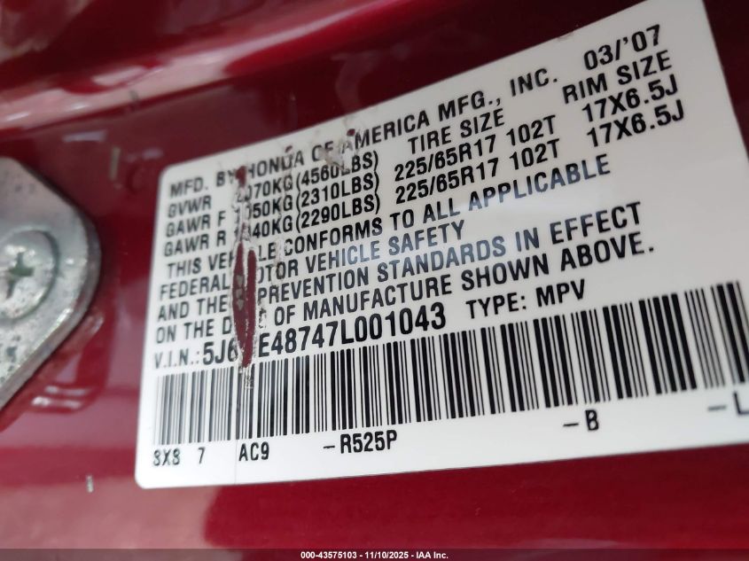 2007 Honda Cr-V Ex-L VIN: 5J6RE48747L001043 Lot: 43575103