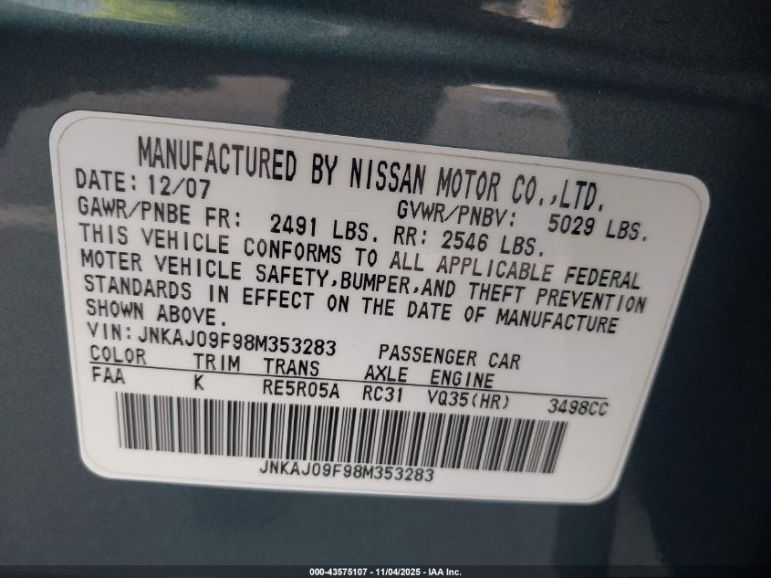 2008 Infiniti Ex35 Journey VIN: JNKAJ09F98M353283 Lot: 43575107