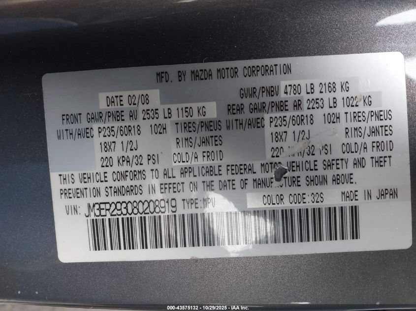 2008 Mazda Cx-7 Sport VIN: JM3ER293080208919 Lot: 43575132