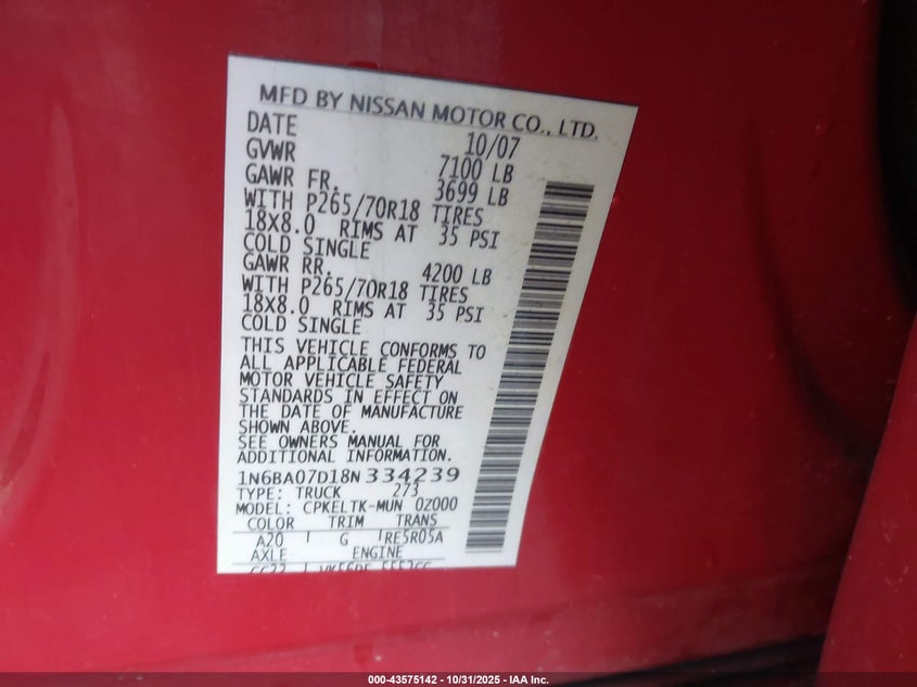 1N6BA07D18N334239 2008 NISSAN TITAN photo no. 9