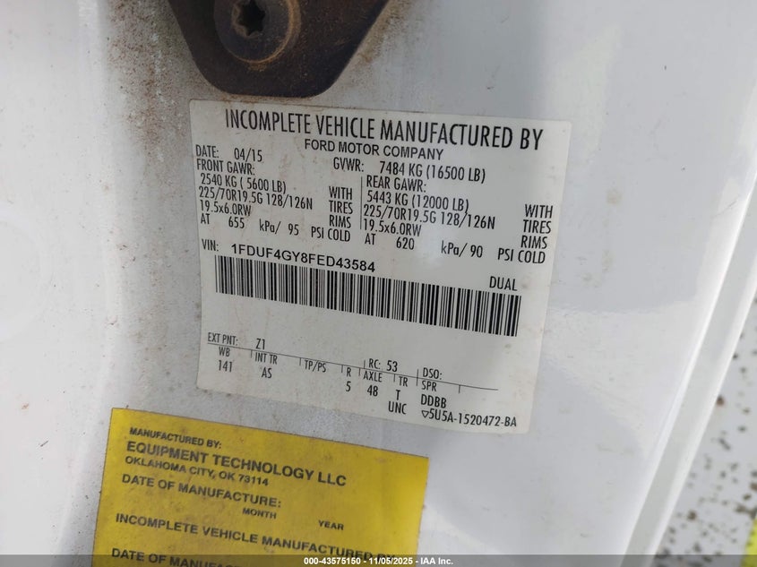 2015 Ford F-450 Chassis Xl VIN: 1FDUF4GY8FED43584 Lot: 43575150