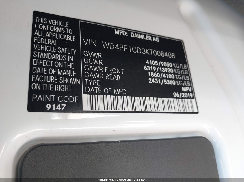2019 Mercedes-Benz Sprinter 2500 High Roof V6 VIN: WD4PF1CD3KT008408 Lot: 43575178