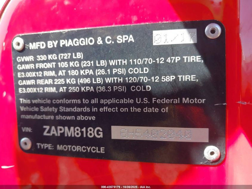 2017 Vespa Sprint 150 3V VIN: ZAPM818G6H5402040 Lot: 43575179