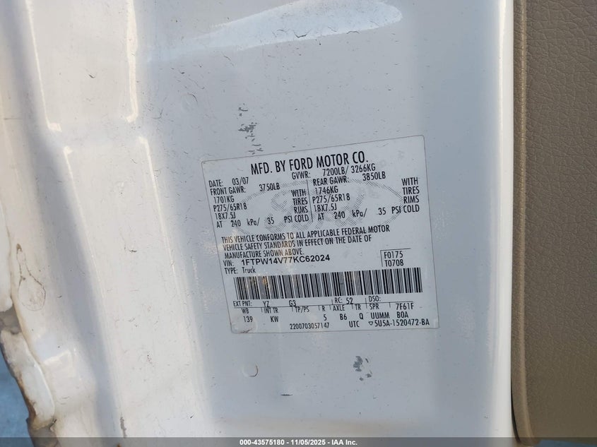 2007 Ford F-150 Fx4/Lariat/Xlt VIN: 1FTPW14V77KC62024 Lot: 43575180