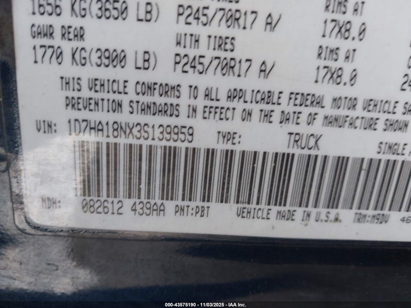2003 Dodge Ram 1500 Slt/Laramie/St VIN: 1D7HA18NX3S139959 Lot: 43575190