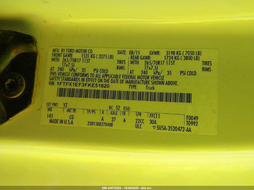 2015 Ford F-150 Xl VIN: 1FTFX1EF3FKE51820 Lot: 43575204