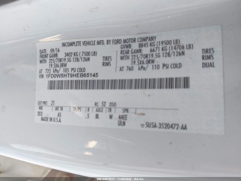 2017 Ford F-550 Chassis Xl VIN: 1FD0W5HT9HEB65145 Lot: 43575217