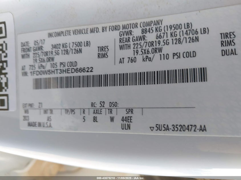 2017 Ford F-550 Chassis Xl VIN: 1FD0W5HT3HED66622 Lot: 43575218