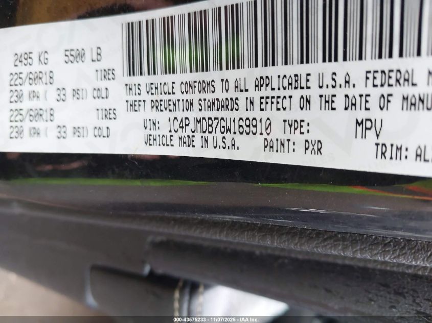 2016 Jeep Cherokee Limited VIN: 1C4PJMDB7GW169910 Lot: 43575233