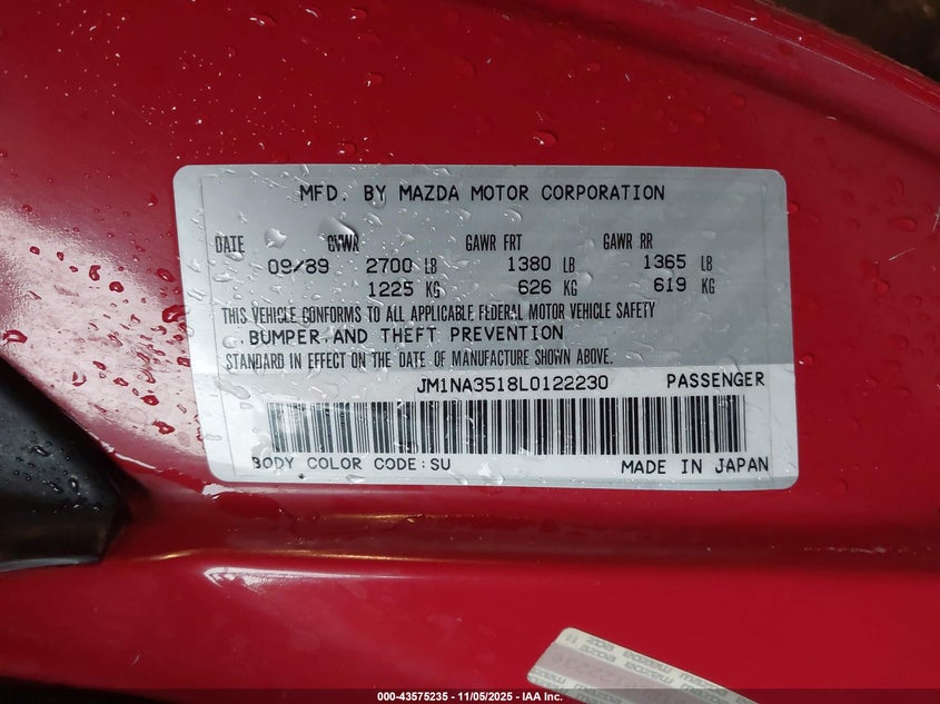 1990 Mazda Mx-5 Miata VIN: JM1NA3518L0122230 Lot: 43575235