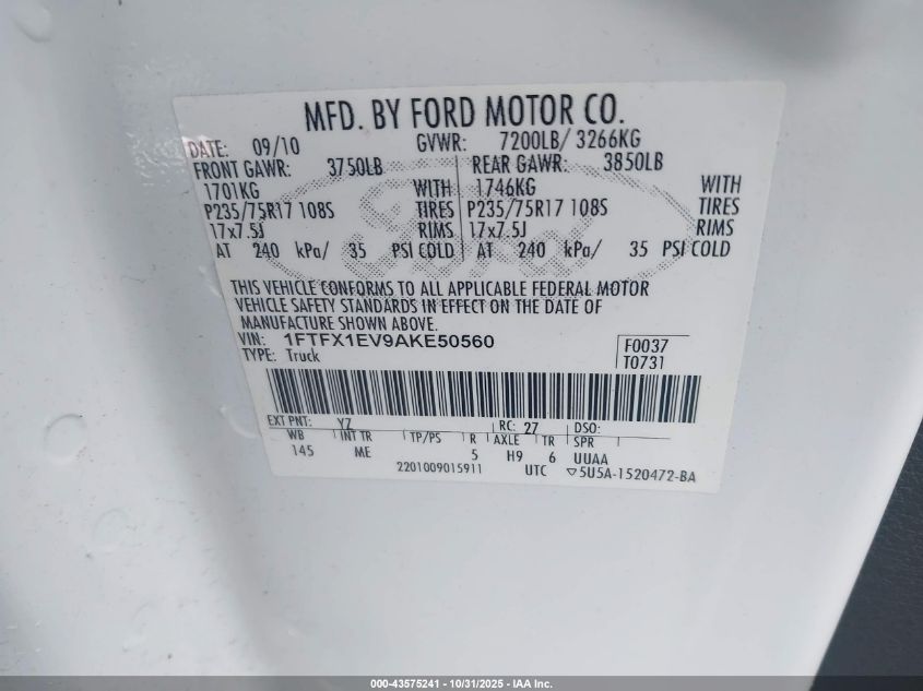 2010 Ford F-150 Fx4/Lariat/Xl/Xlt VIN: 1FTFX1EV9AKE50560 Lot: 43575241