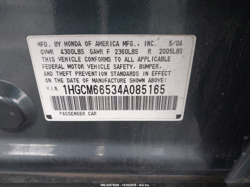 2004 Honda Accord Ex VIN: 1HGCM66534A085165 Lot: 43575246