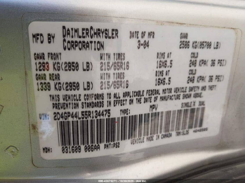 2005 Dodge Grand Caravan Sxt VIN: 2D4GP44L55R134475 Lot: 43575271