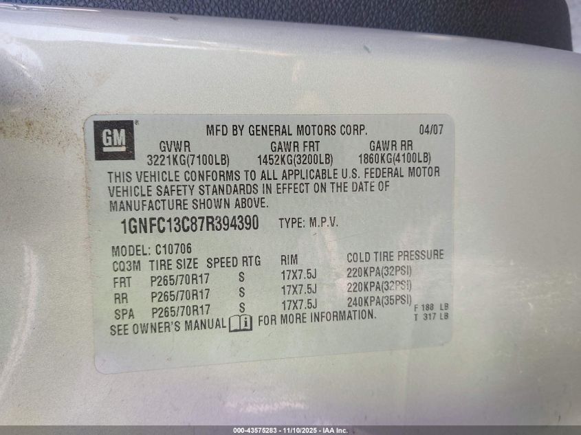 2007 Chevrolet Tahoe Ls VIN: 1GNFC13C87R394390 Lot: 43575283