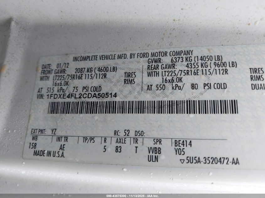 2012 Ford E-450 Cutaway VIN: 1FDXE4FL2CDA50514 Lot: 43575300