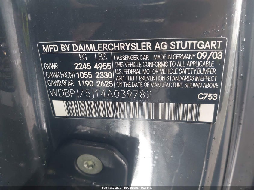 2004 Mercedes-Benz Cl 500 VIN: WDBPJ75J14A039782 Lot: 43575305