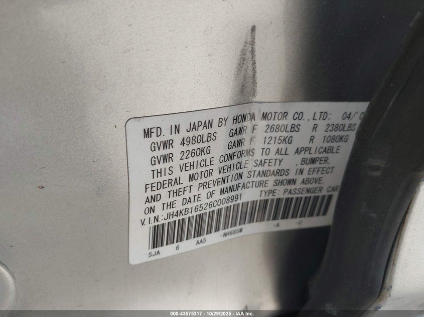 2006 Acura Rl 3.5 VIN: JH4KB16526C008991 Lot: 43575317