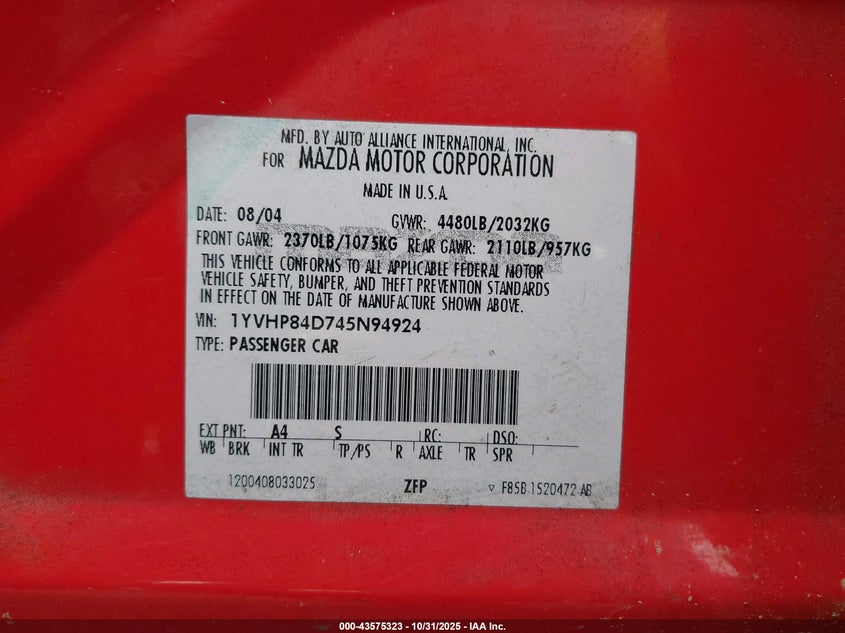 2004 Mazda Mazda6 S VIN: 1YVHP84D745N94924 Lot: 43575323
