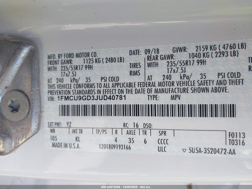 2018 FORD ESCAPE SE 1FMCU9GD3JUD40781