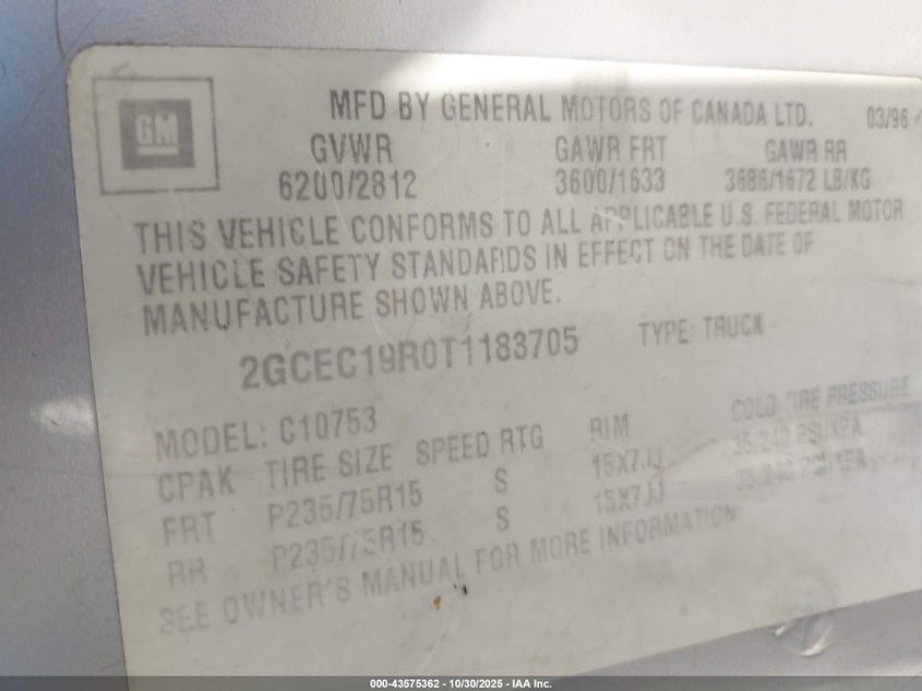 1996 Chevrolet Gmt-400 C1500 VIN: 2GCEC19R0T1183705 Lot: 43575362