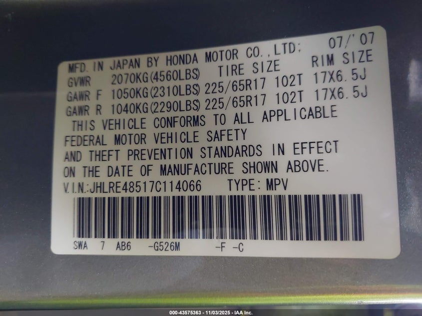 2007 Honda Cr-V Ex VIN: JHLRE48517C114066 Lot: 43575363