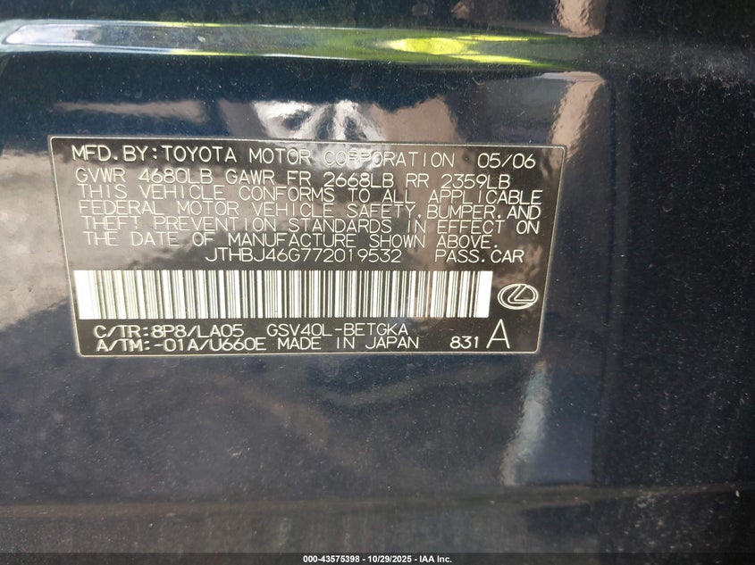 JTHBJ46G772019532 2007 LEXUS ES photo no. 9