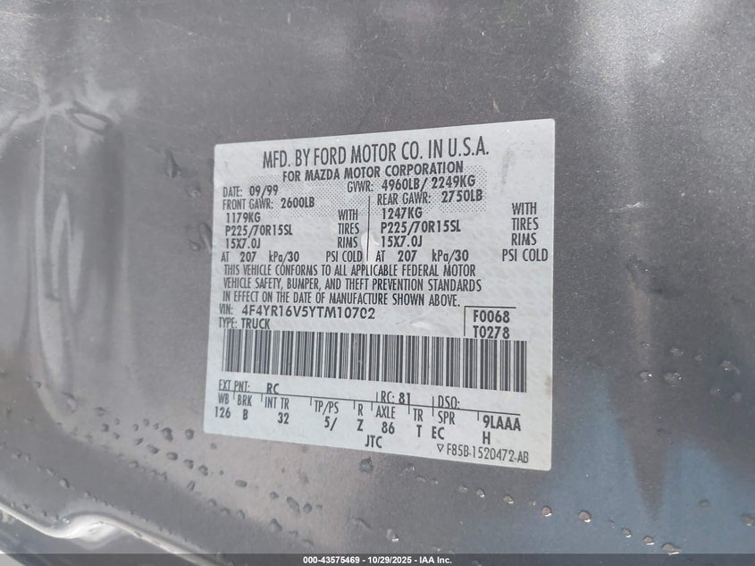 2000 Mazda B3000 VIN: 4F4YR16B5YDM10702 Lot: 43575469