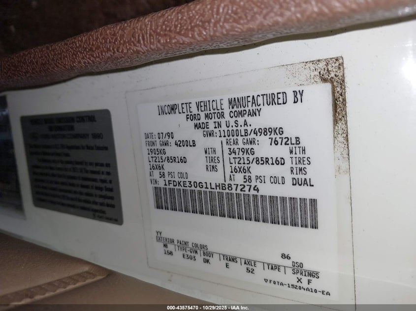 1990 Ford Econoline E350 Cutaway Van VIN: 1FDKE30G1LHB87274 Lot: 43575470