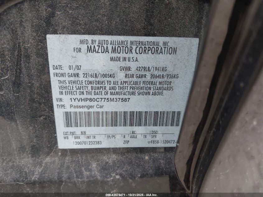 2007 Mazda Mazda6 I Sport Ve VIN: 1YVHP80C775M37587 Lot: 43575471