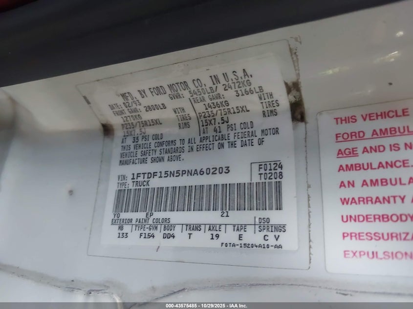 1993 Ford F150 VIN: 1FTDF15N5PNA60203 Lot: 43575485