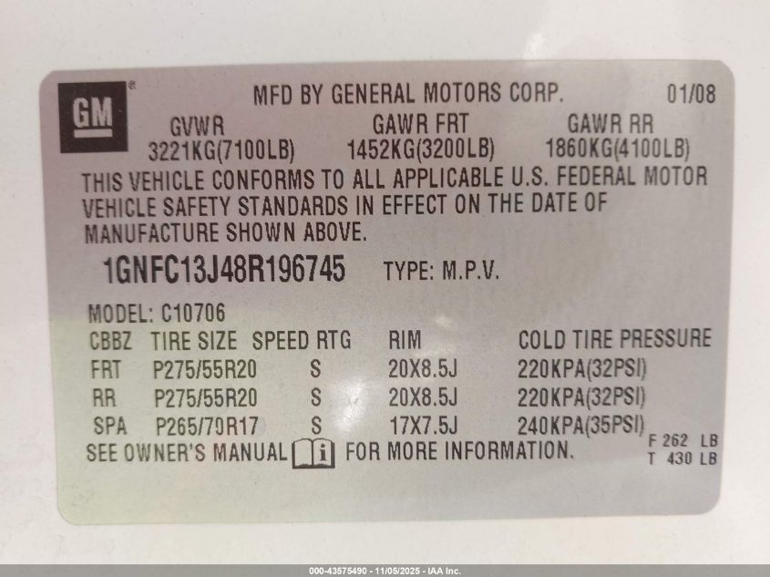 2008 Chevrolet Tahoe Ltz VIN: 1GNFC13J48R196745 Lot: 43575490