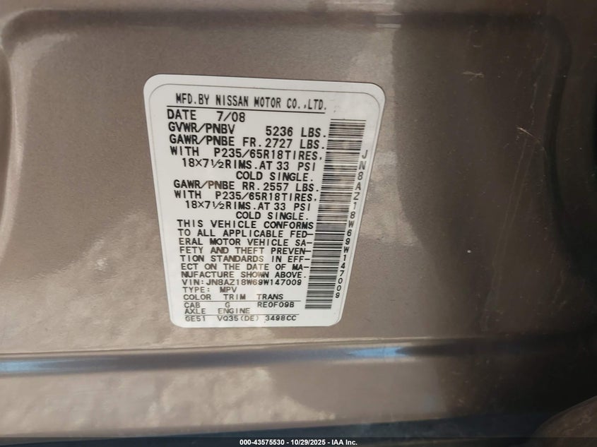 JN8AZ18W69W147009 2009 NISSAN MURANO photo no. 9